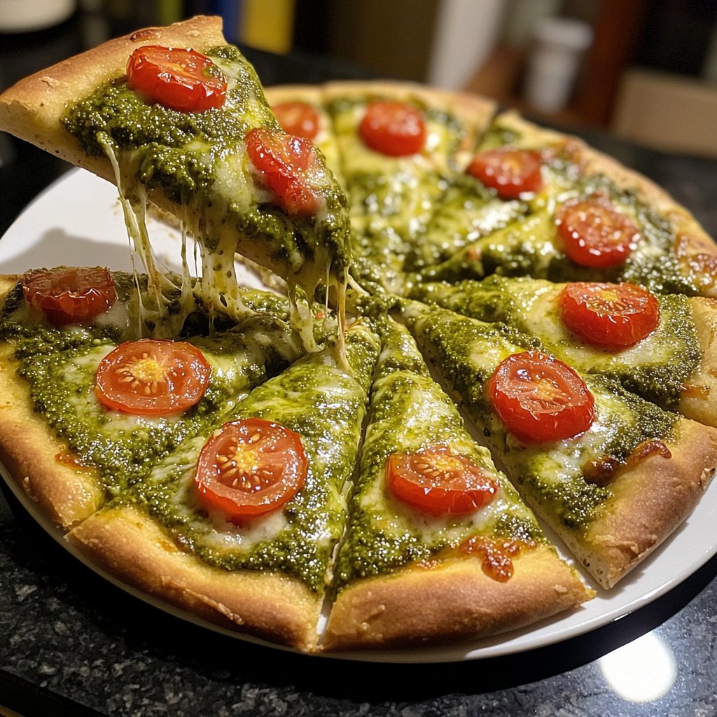Pizza mit Pesto und Kirschtomaten